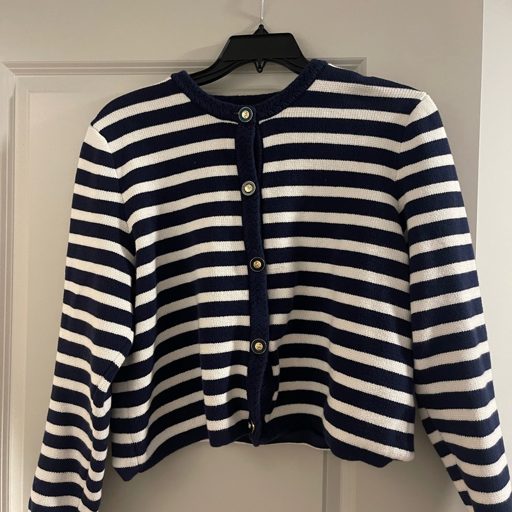 J Crew Navy and White Stripe Gold Button Cardigan Sweater